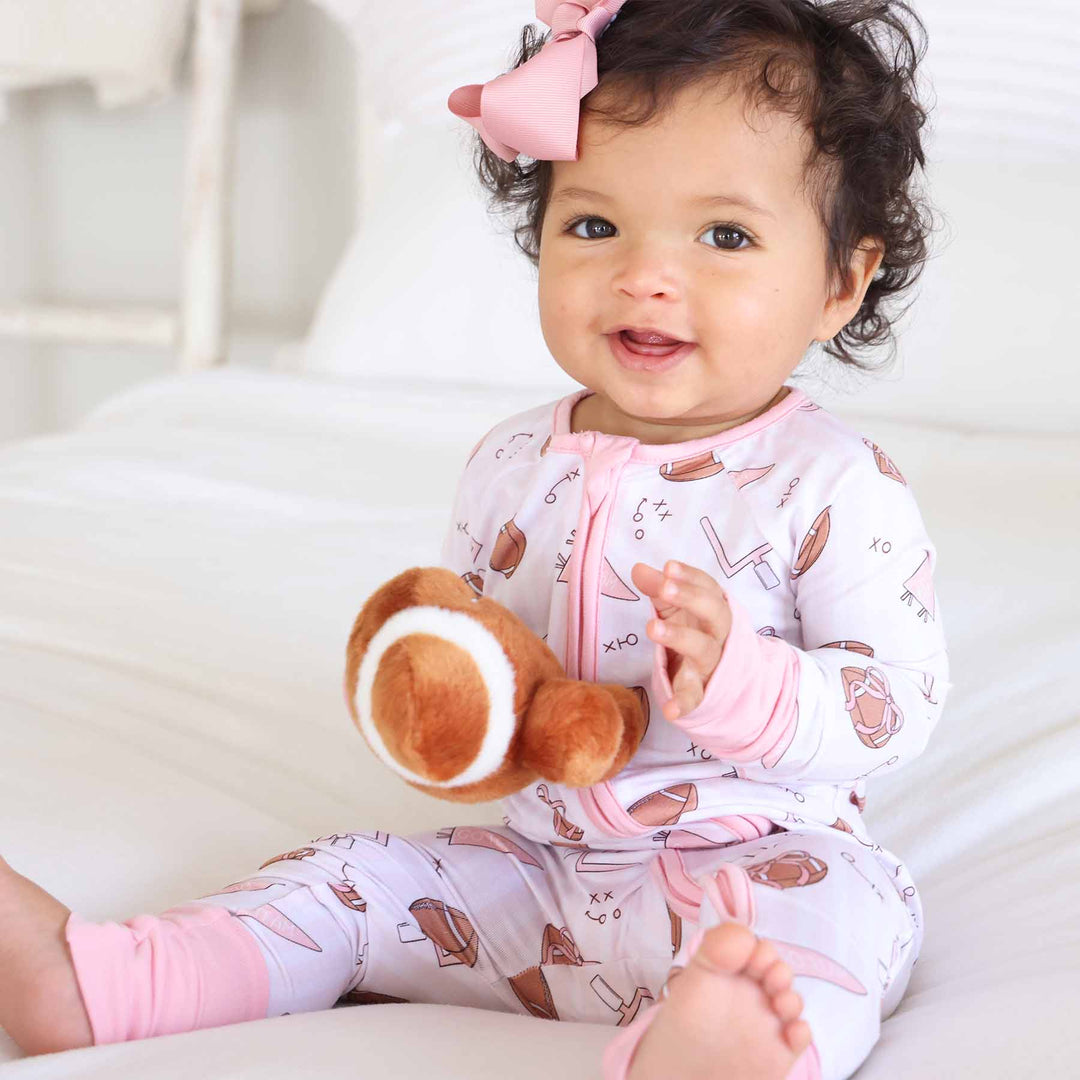 bamboo viscose convertible zip romper pajama for baby and toddler girls football themed