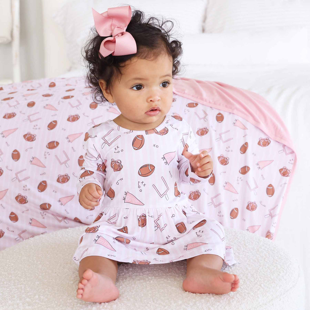 pink tiny touchdowns long sleeve skirt bodysuit for baby and toddler girls 