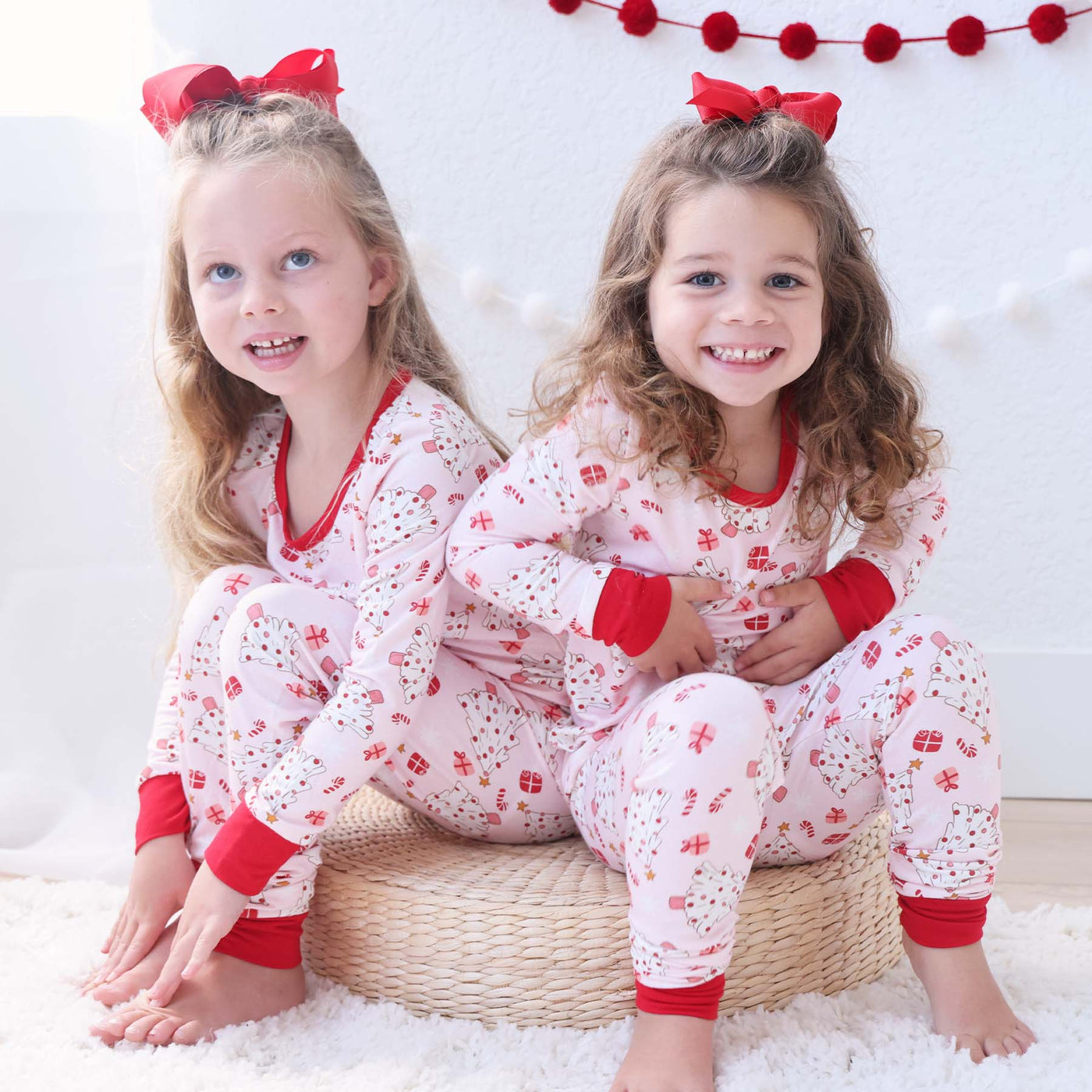 very merry two piece pajama set pink with christmas trees 