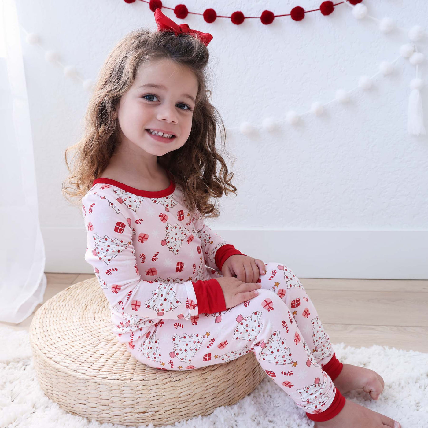 pink christmas tree, presents and candy cane two piece pajama set 