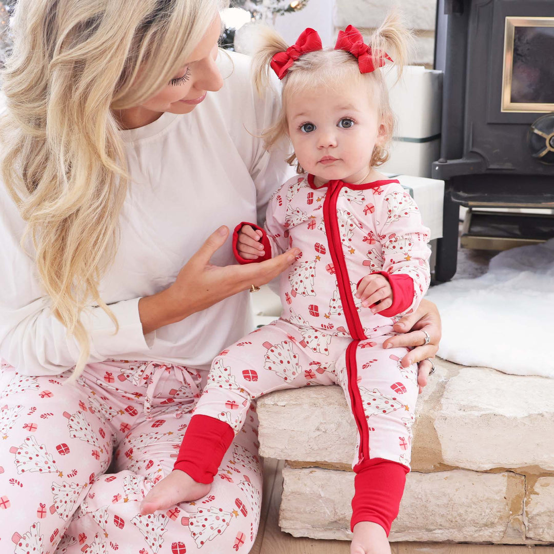 pink zipper romper with red trim christmas themed