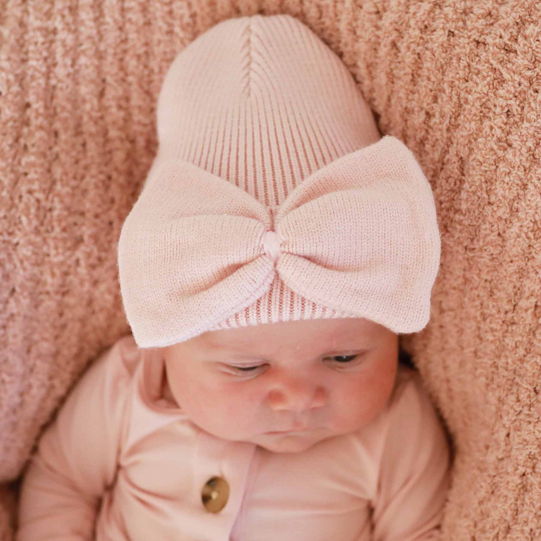 Knit Newborn Bow Beanie | Baby Pink