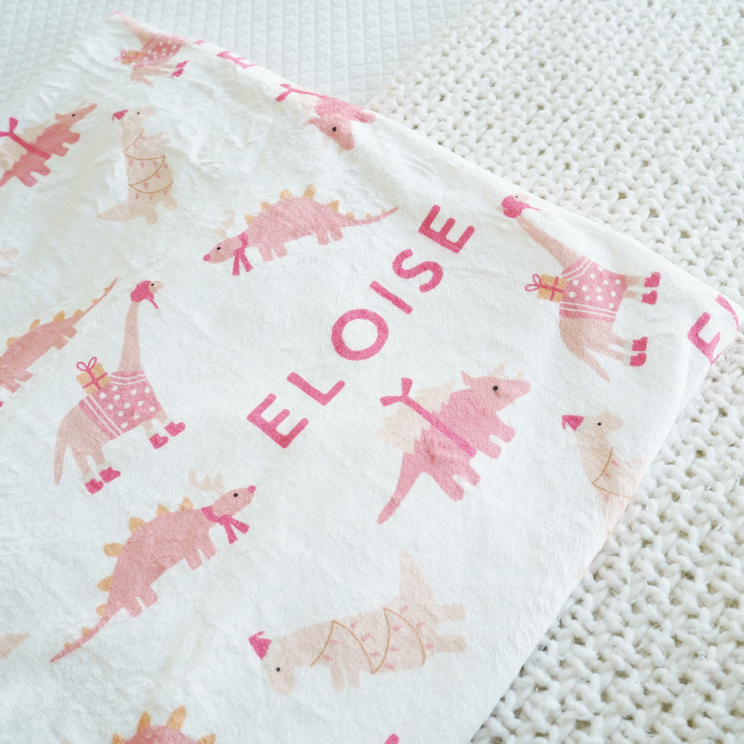 pink dinosaur christmas blanket for kids personalized 