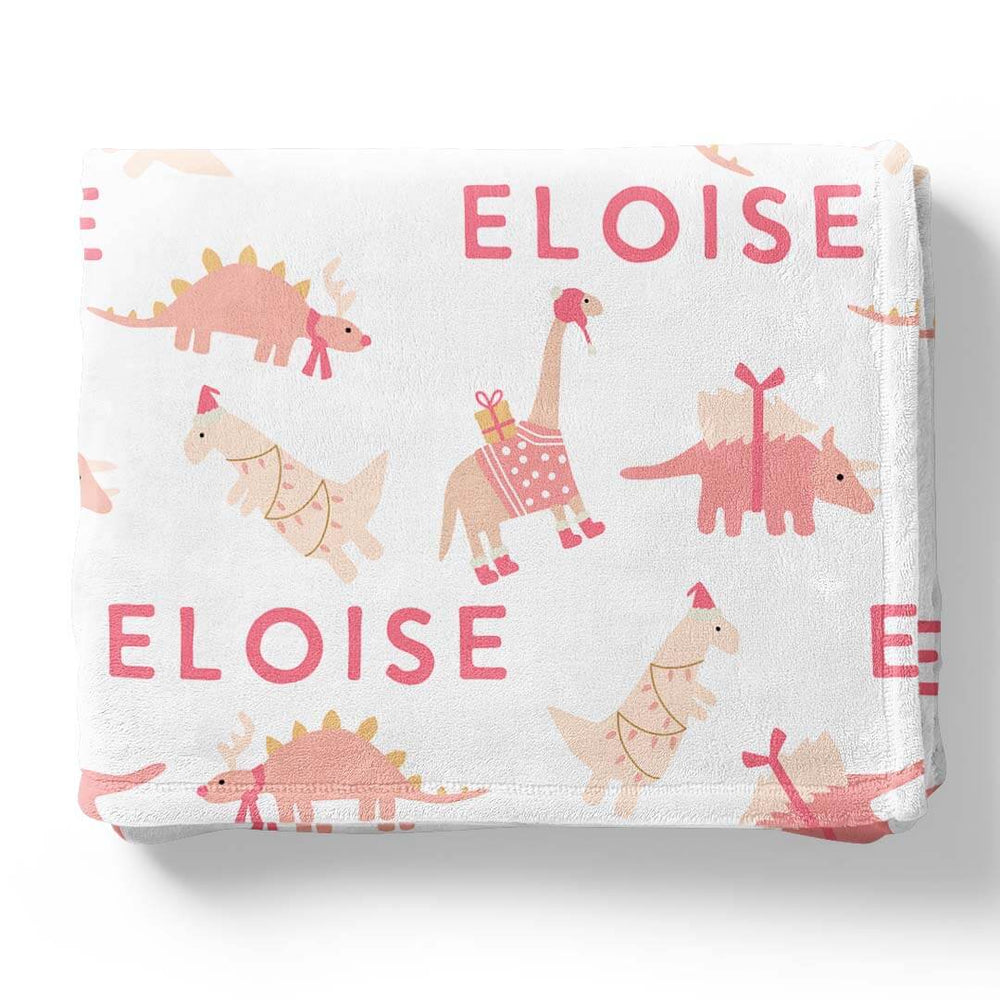 holiday dino pink personalized blanket 