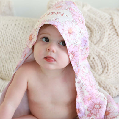 pink floral baby towel personalized with name and hood 