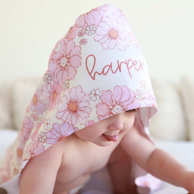 pink floral hooded baby towel with name 