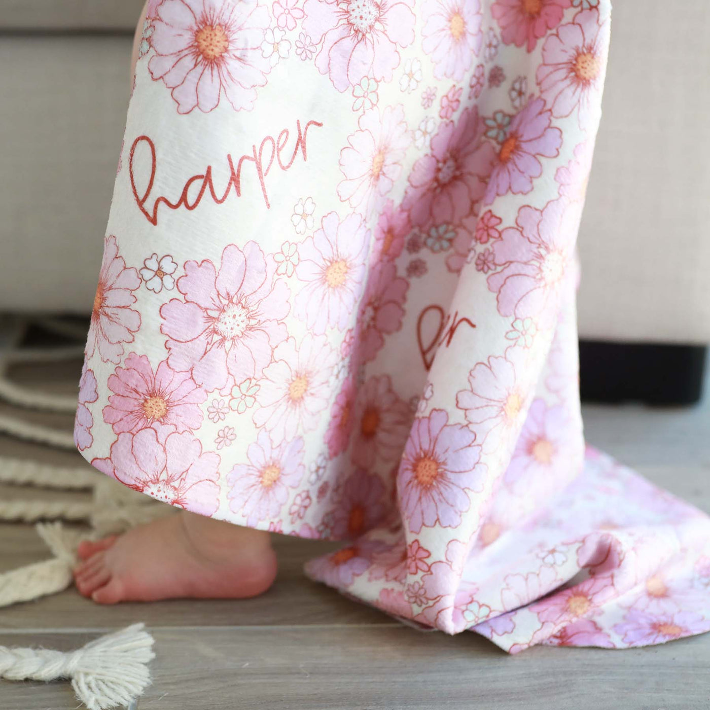 pink floral personalized hooded towel for babies and toddlers