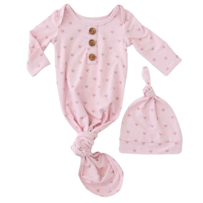 pink heart newborn knot gown and hat set 
