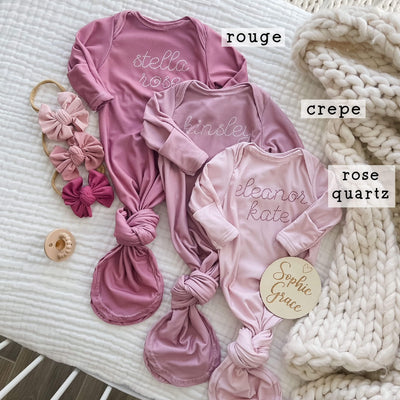 rose quartz crepe and rouge stitched newborn knot gown
