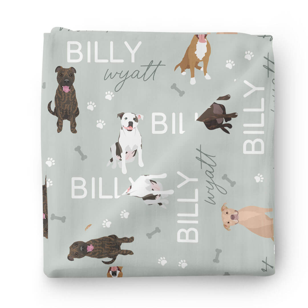 sage green personalized baby name swaddle blanket with pit bull dogs 