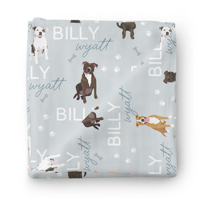 personalized baby name swaddle blanket blue with pit bulls 
