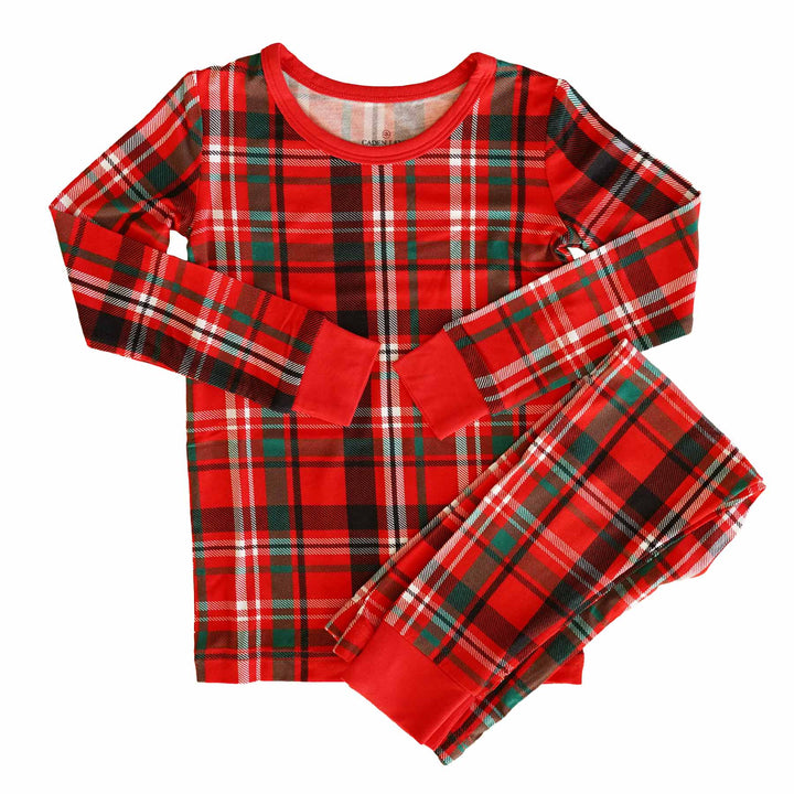 red and green plaid two piece pajama set for kids