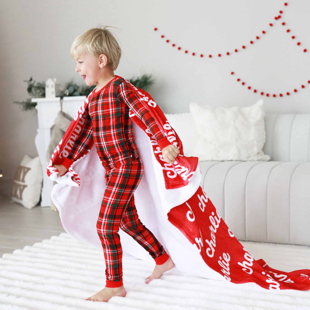 red and green plaid kids two piece pajama set for christmas