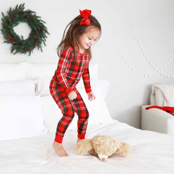 plaid two piece pajama set for kids red and green 