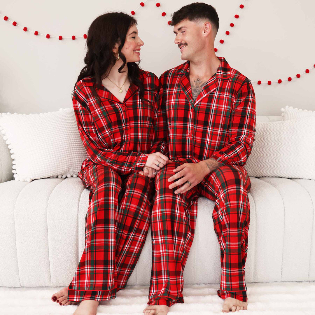 adult two piece pajama set for men and women plaid 