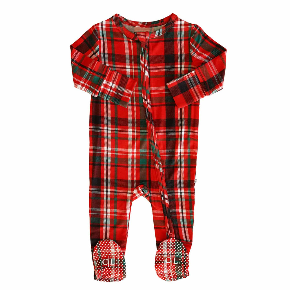 red and green plaid zipper footie for babies 