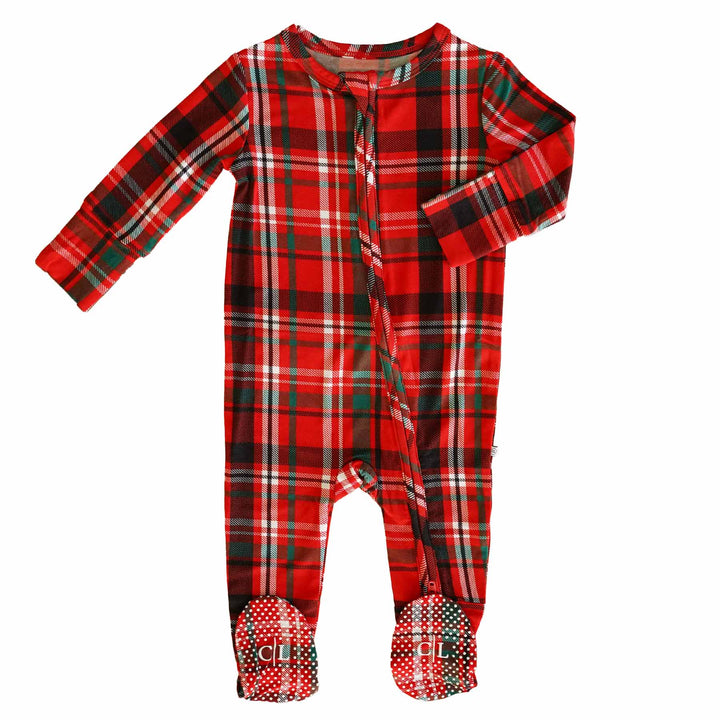 red and green zipper footie for babies printed plaid 