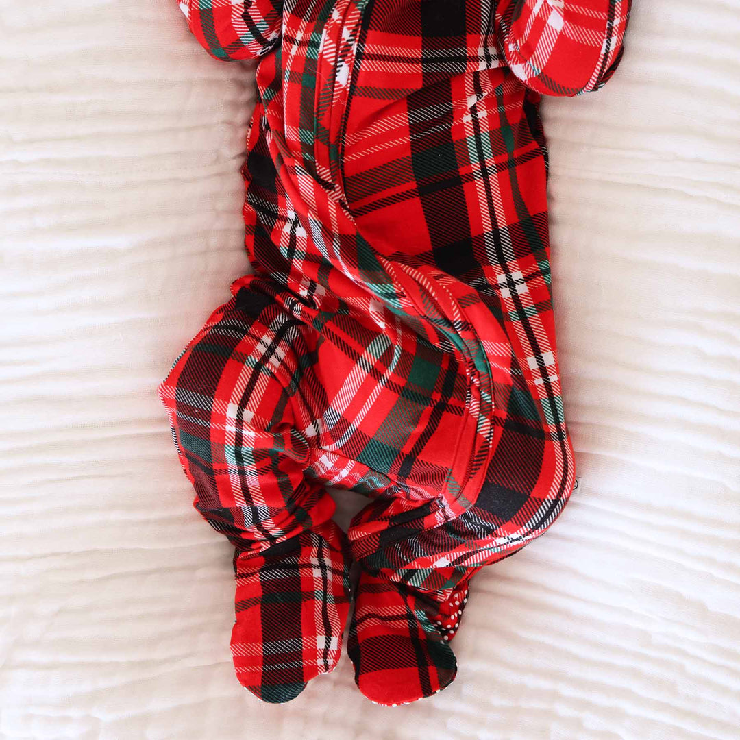 plaid footie for babies for christmas red and green 