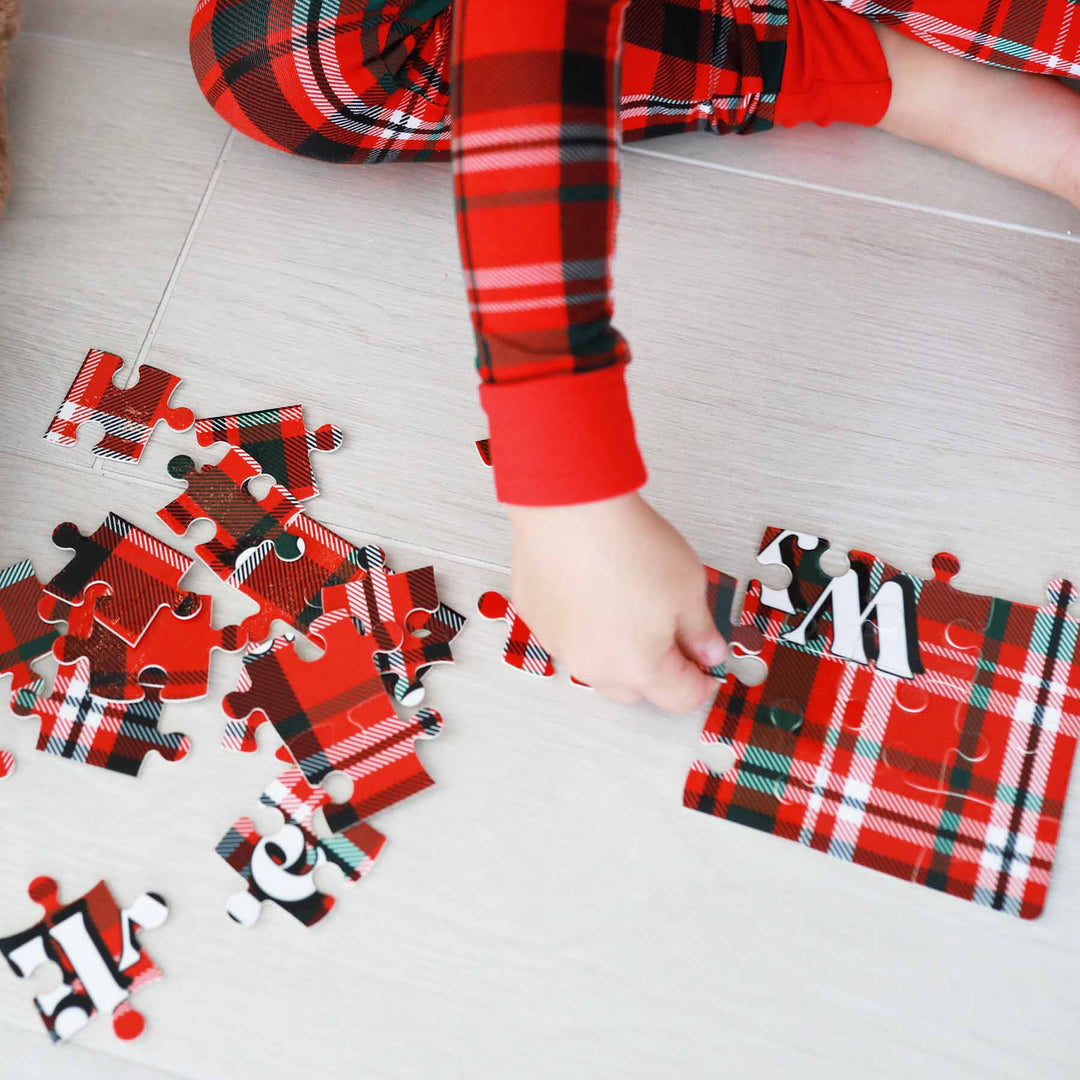 red and green printed plaid personalized puzzle for kids 