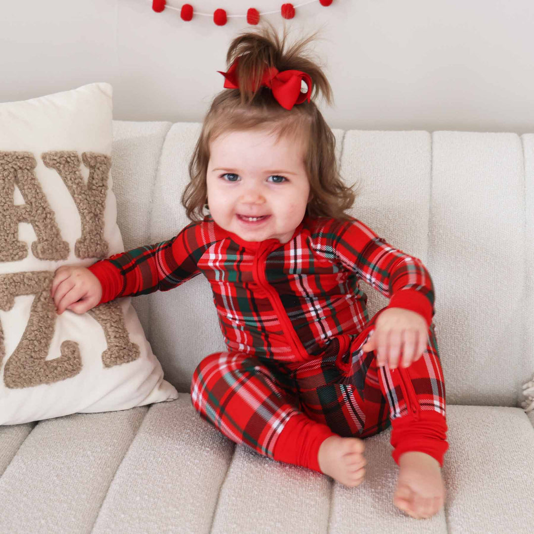 red and green plaid christmas romper pajama for toddlers 