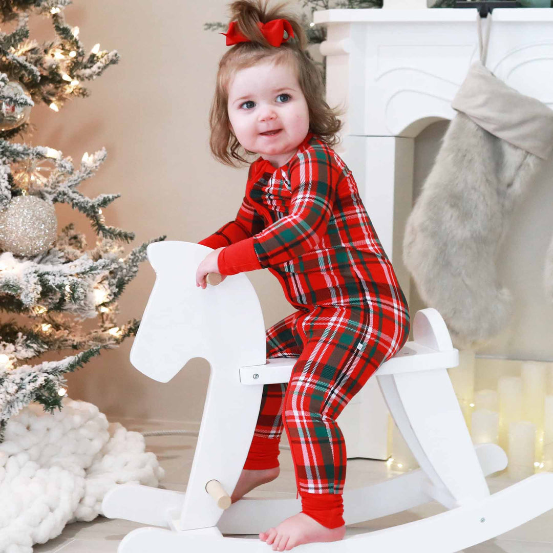 plaid zip romper for babies red, green and white 