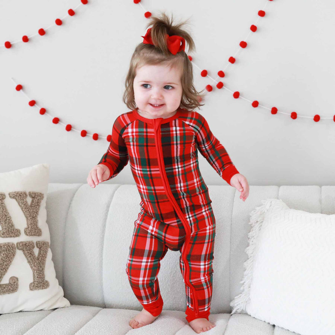 christmas plaid convertible zip romper for babies