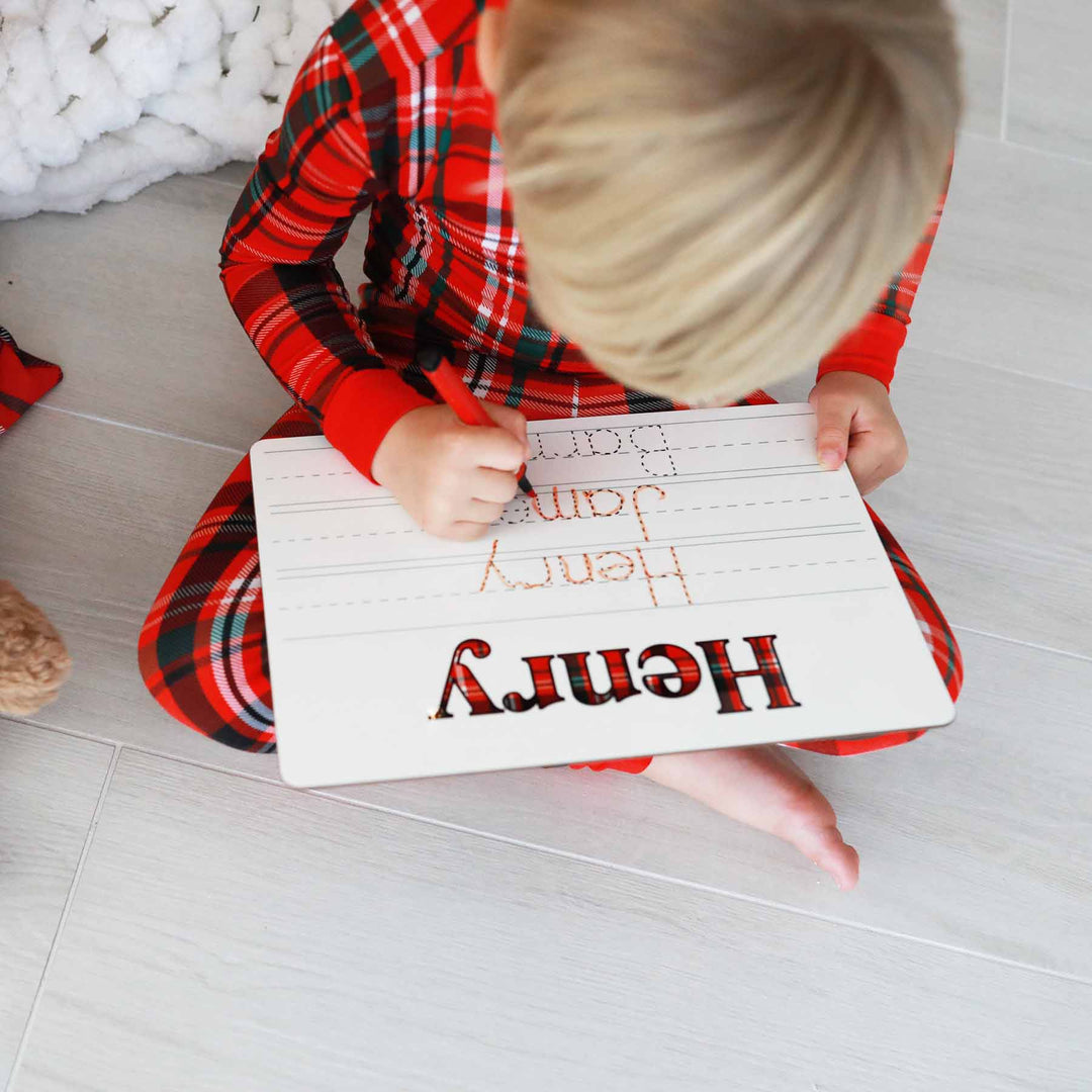 name whiteboard with plaid font personalized 