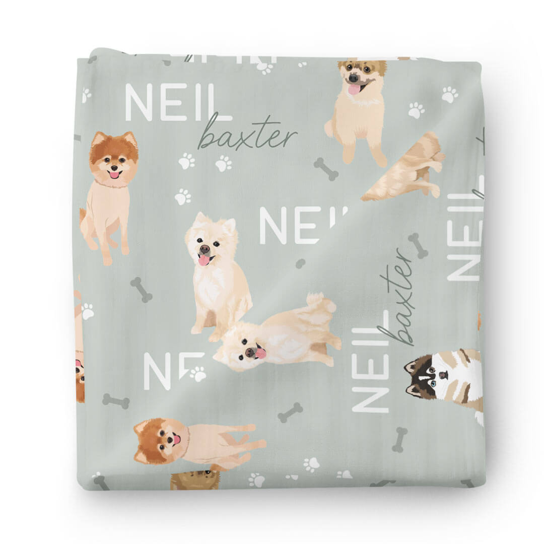 sage green baby name swaddle blanket with pomeranians
