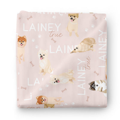 pink personalized baby name swaddle blanket with pomeranian dogs 