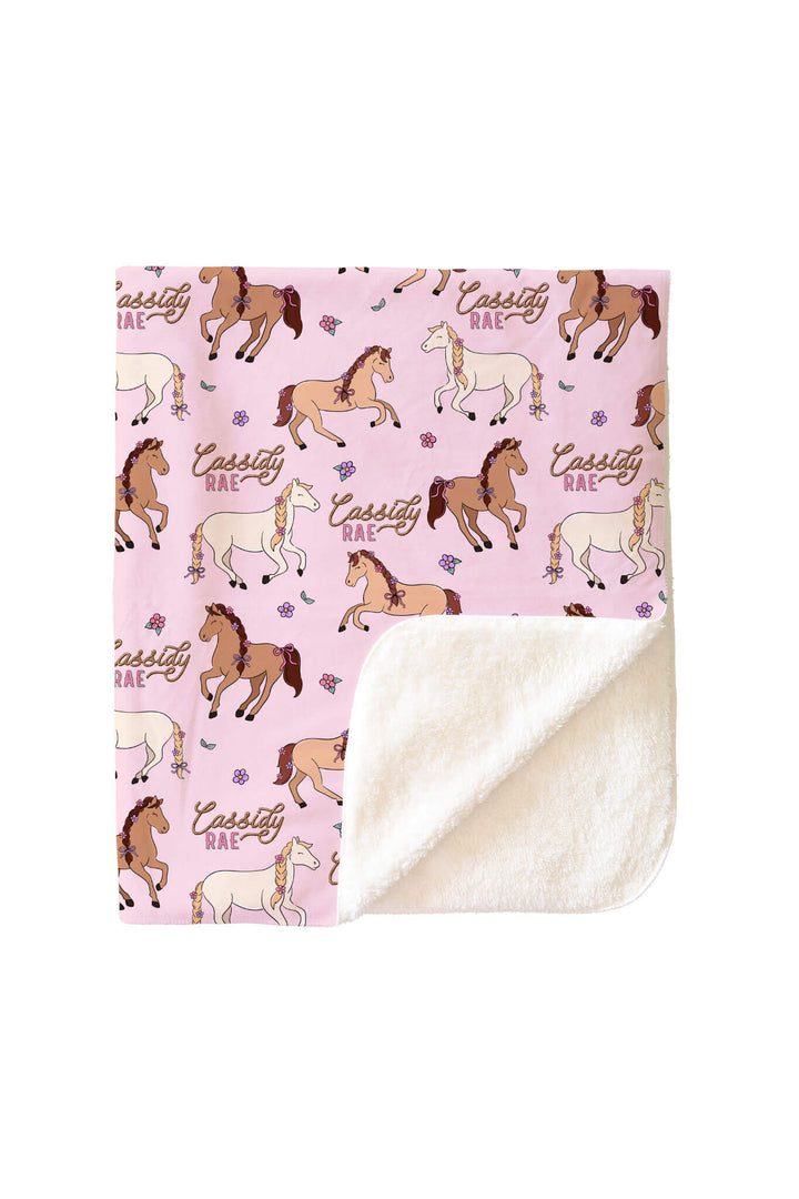 pony club pink personalized blanket for girls with sherpa backing 