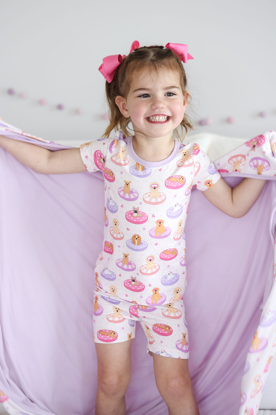 poolside pups two piece pajama set with matching bamboo blanket 