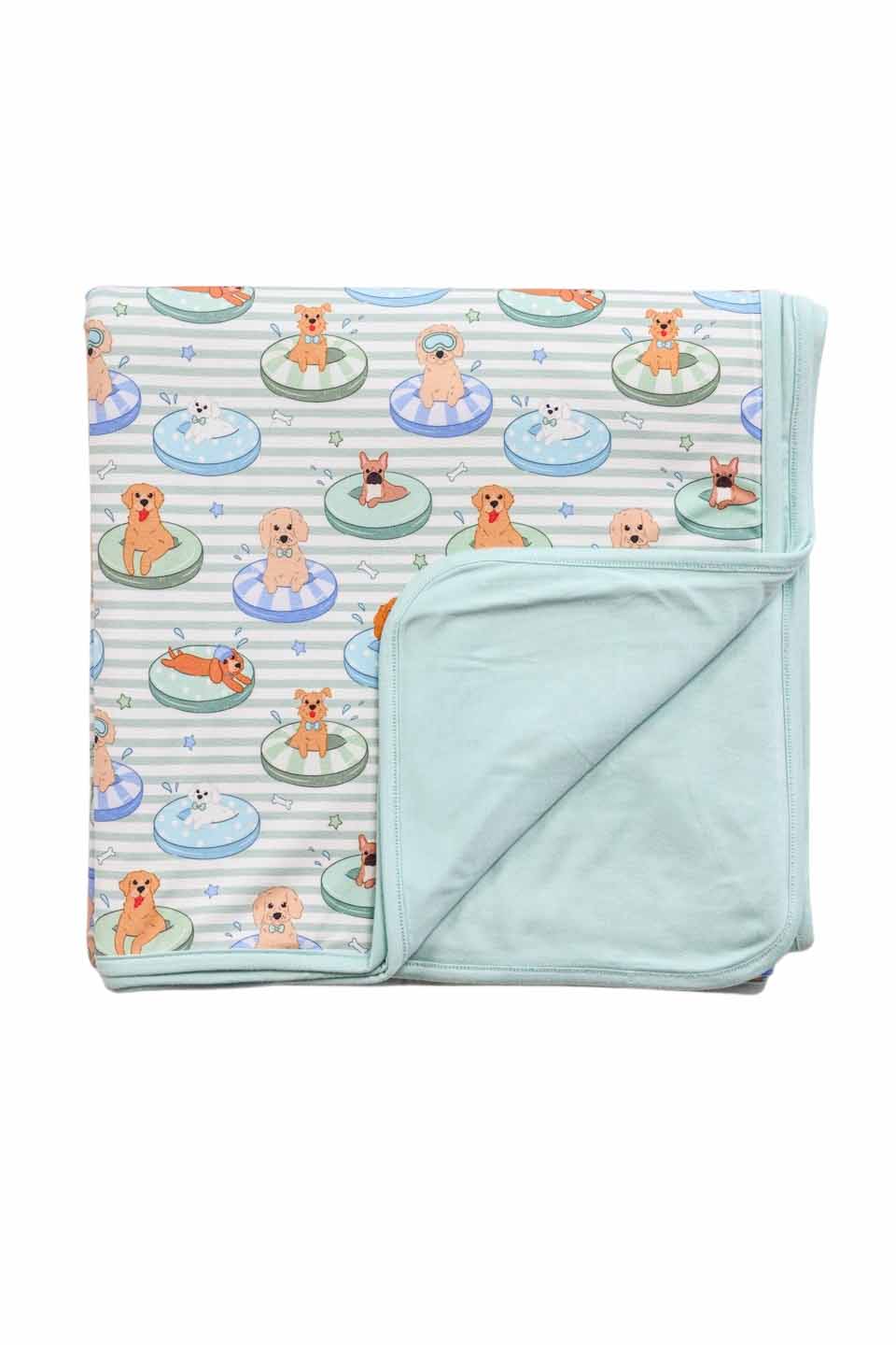 green and blue poolside pups double sided bamboo blanket