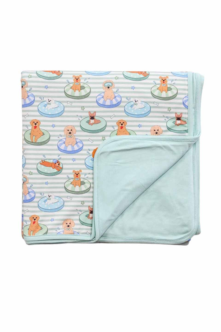 green and blue poolside pups double sided bamboo blanket