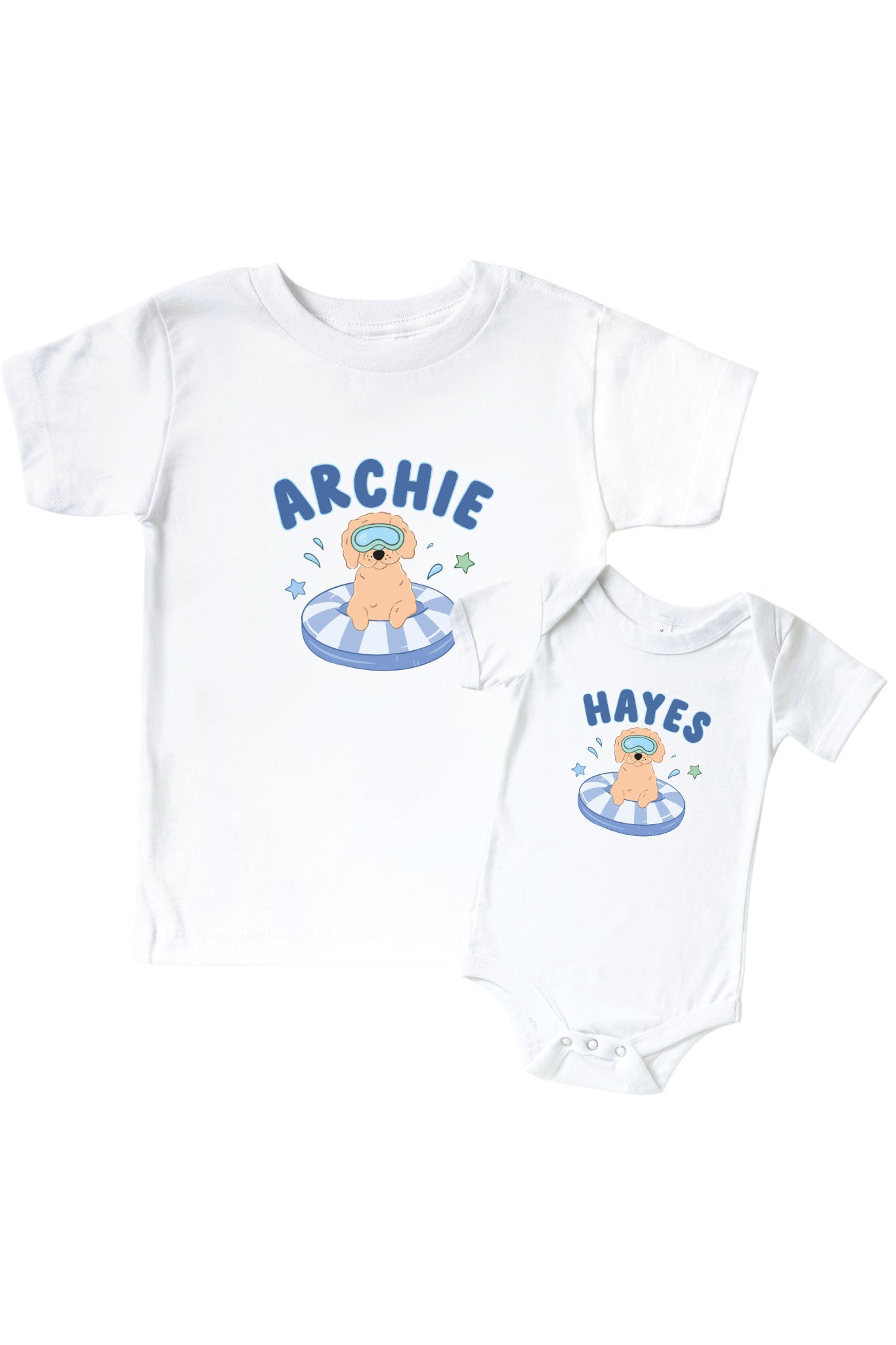 Personalized Poolside Pups Blue Graphic Bodysuit & Kids Tee | White