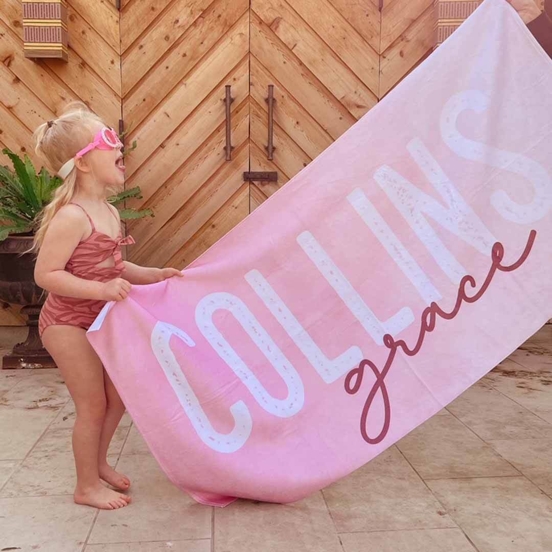 personalized kids beach towel pink ombre