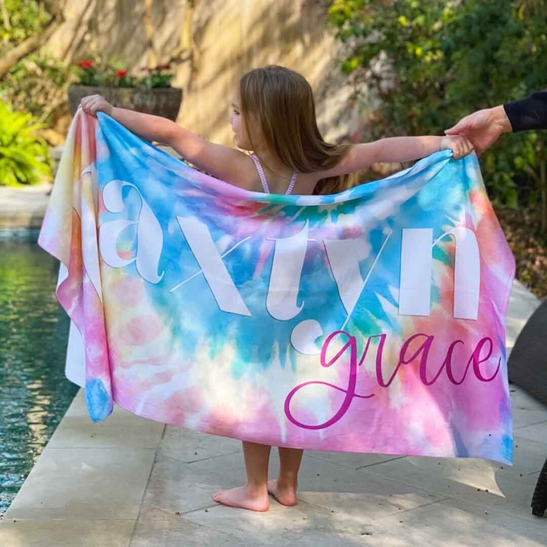 pastel tie dye personalized kids beach towel