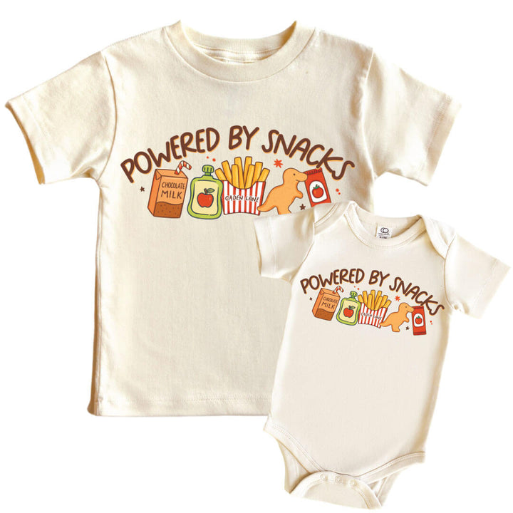 powered by snacks graphic kids tee and bodysuits 