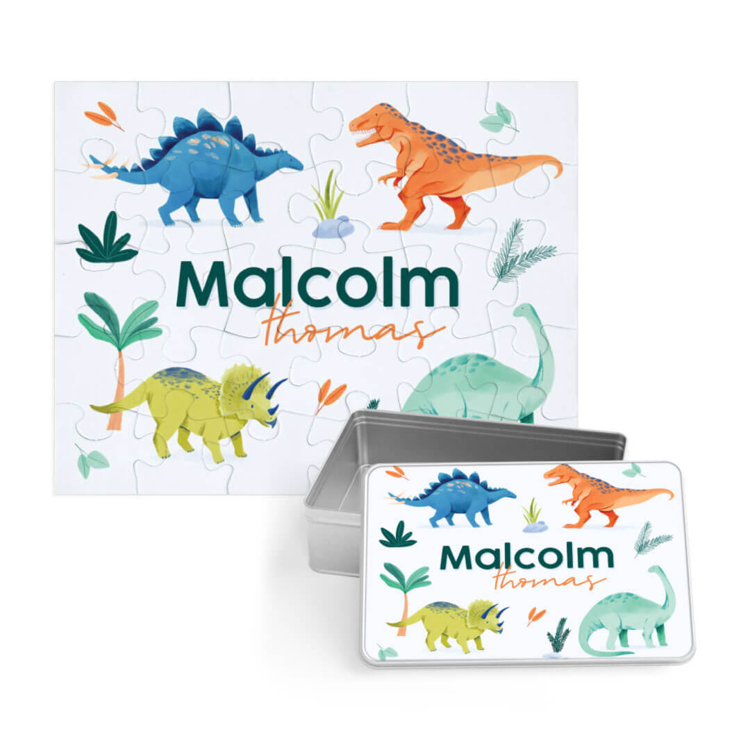 colorful dinosaur personalized puzzle for kids with matching tin 