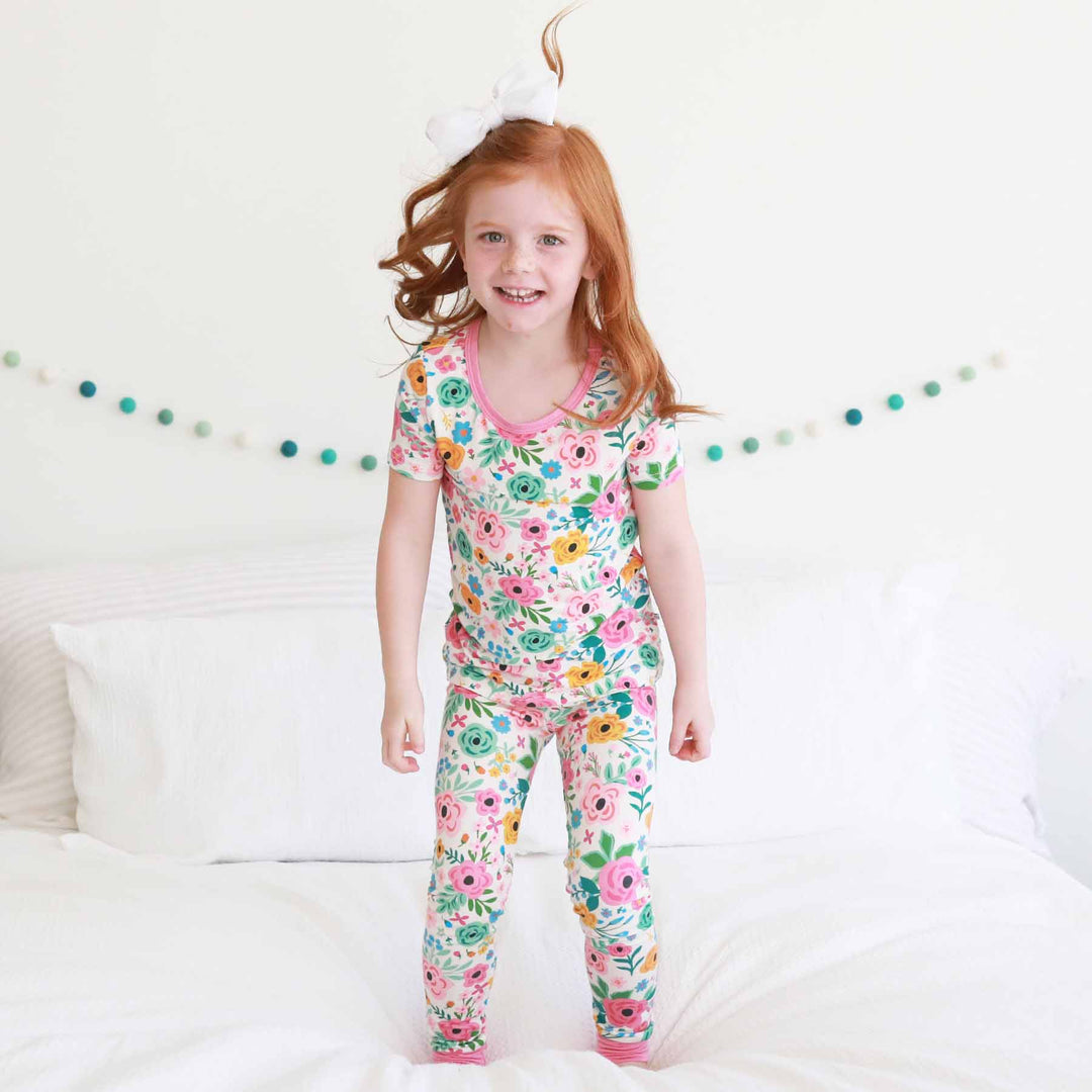 pretty poppy bright floral bamboo pajamas for kids 