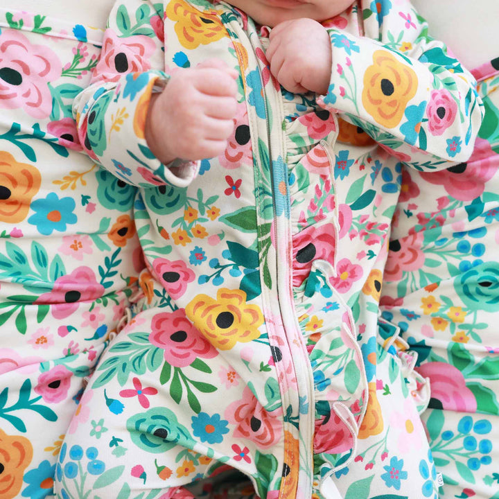 ruffle zipper footie for babies multicolor floral 