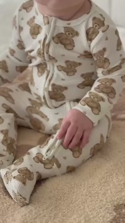 teddy bear bamboo waffle zipper footie gender neutral