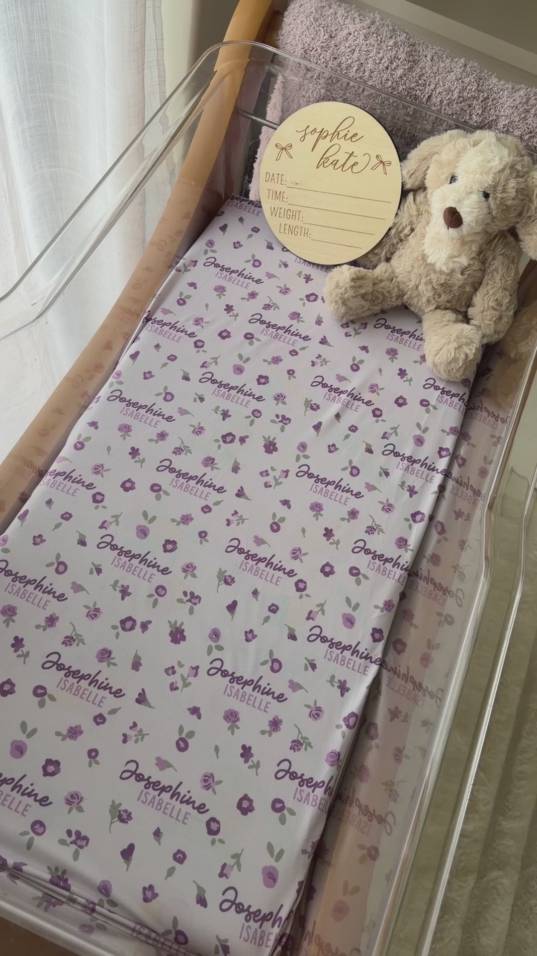 white swaddle blanket for girls personalized with name and purple flowers 