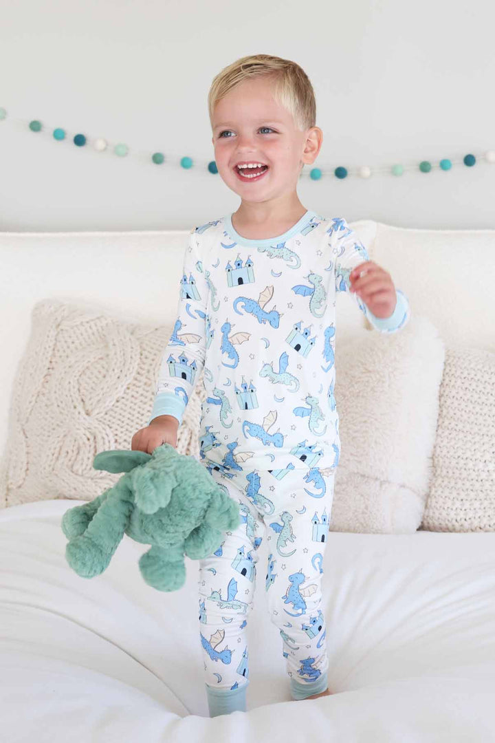 blue and green dragon bamboo two piece pajama set for boys 