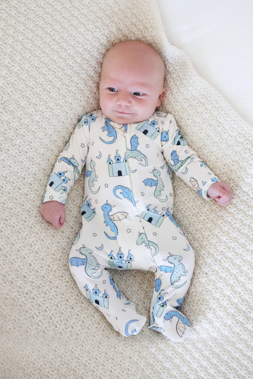 dragon and castle zipper footie blue