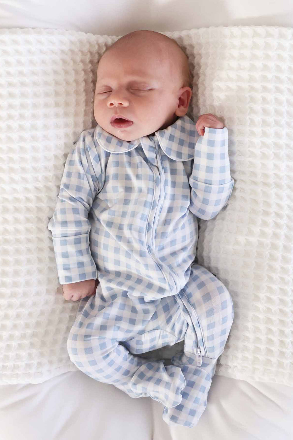 dusty blue gingham peter pan embroidered footie