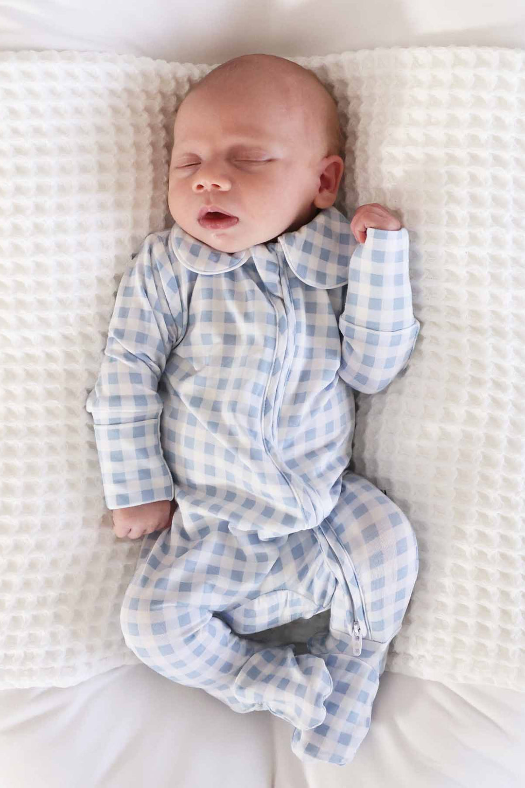 dusty blue gingham peter pan embroidered footie