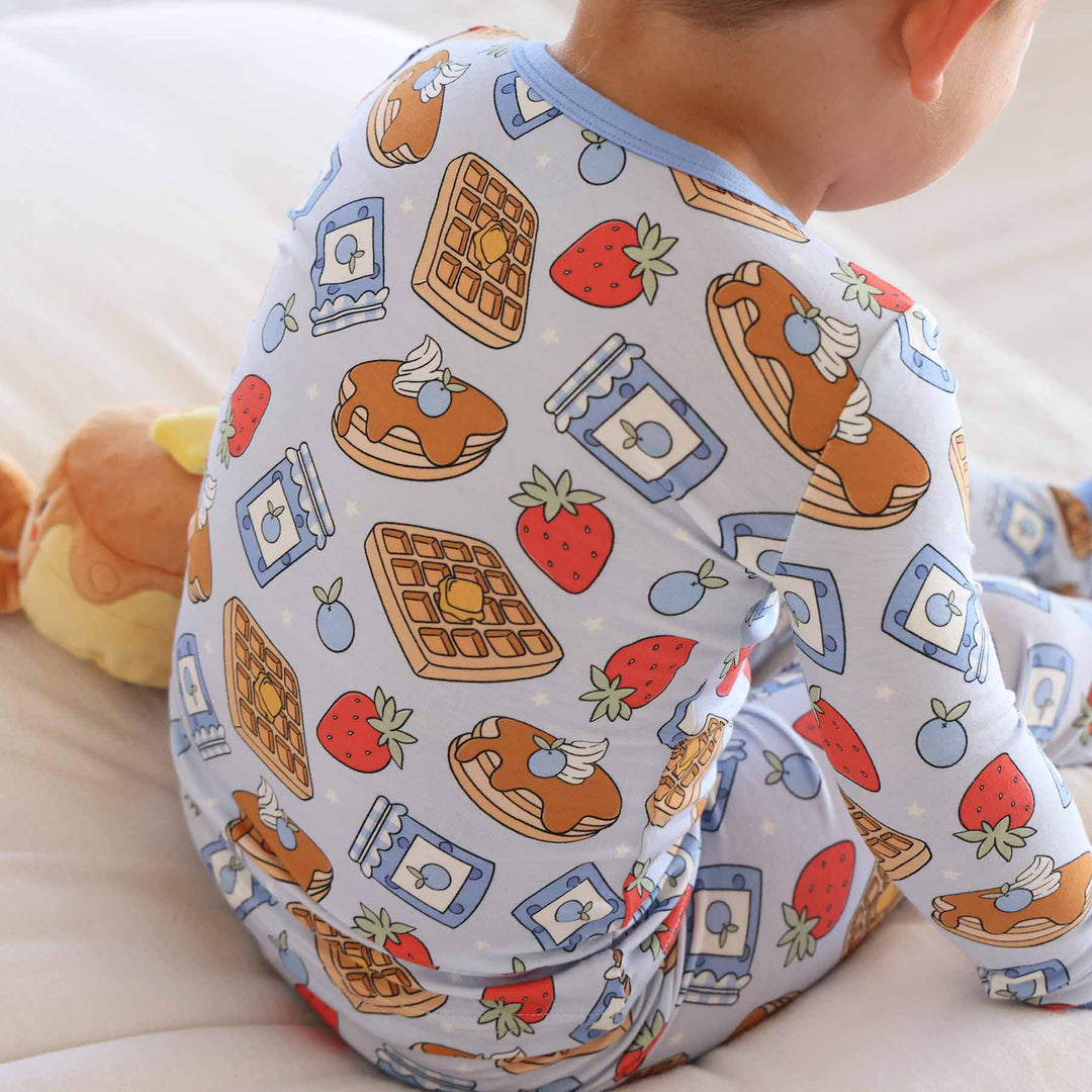 blue pancake and waffle two piece pajama set for boys long sleeves