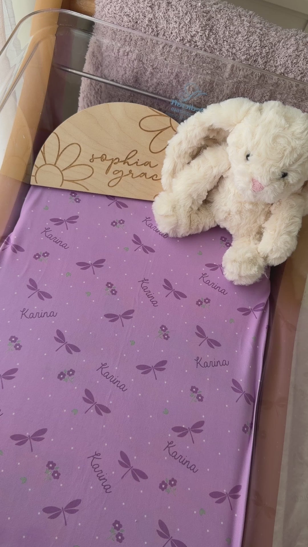 purple personalized swaddle blanket with dragonflies and flowers 