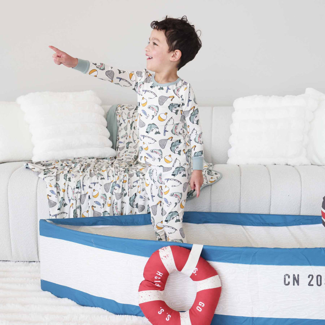bass fishing two piece pajama set for boys with long sleeves and pants 