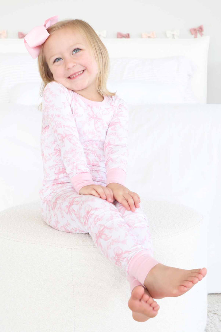 girly pink bow and flower pajama set